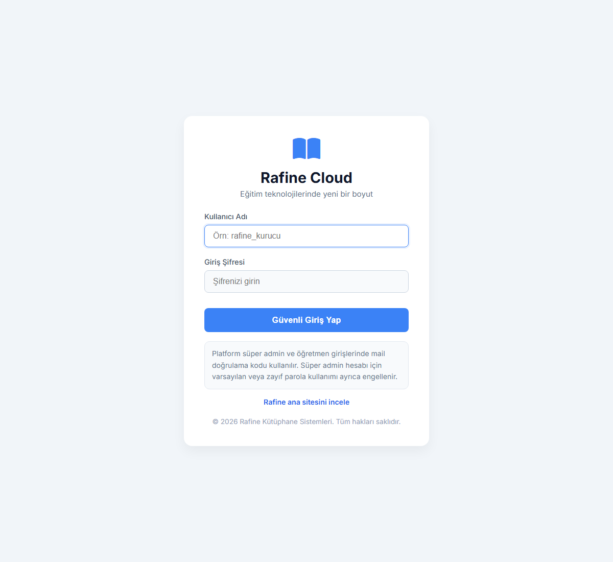 Rafine Cloud öğretmen giriş ekranı