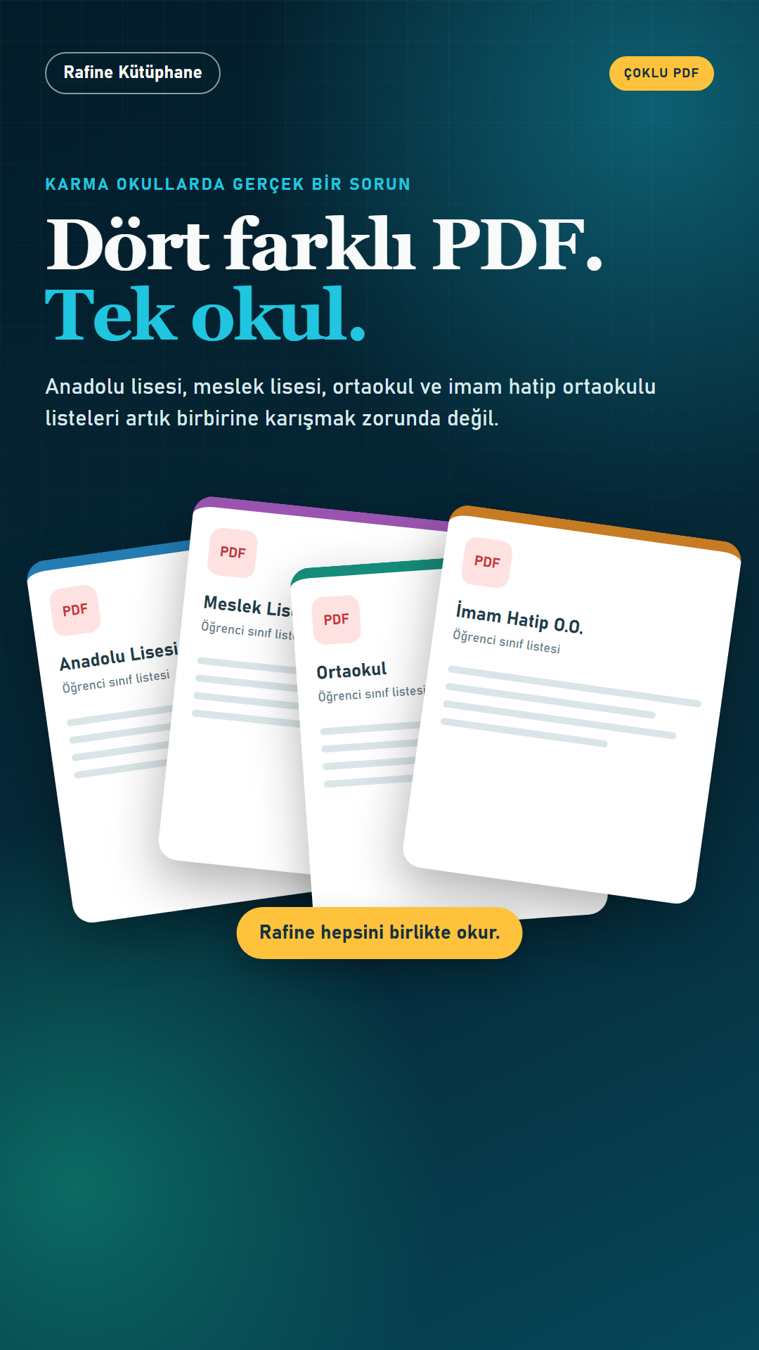 Dört farklı PDF, tek okul başlıklı Rafine Kütüphane çoklu öğrenci aktarımı video kapağı